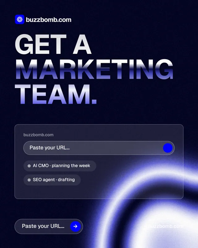 Instagram portrait post for BuzzBomb: "Get a marketing team." Agentic glass style, poster layout, dark palette in black, blue.