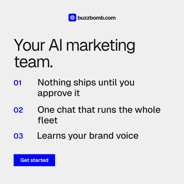 Instagram post for BuzzBomb: "Your AI marketing team." Swiss style, numbered layout, light palette in white, grey.