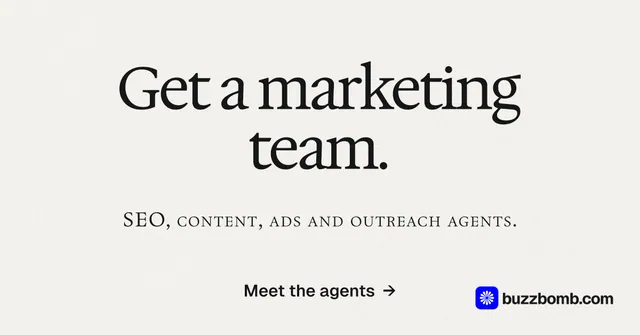 Social ad for BuzzBomb: "Get a marketing team." Swiss style, smallcaps layout, light palette in white, grey.