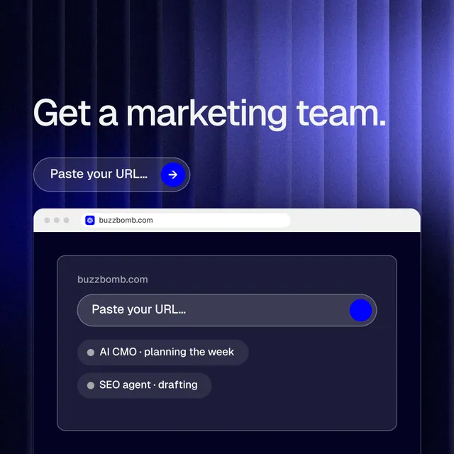 Instagram post for BuzzBomb: "Get a marketing team." Agentic glass style, browser layout, dark palette in blue, black.