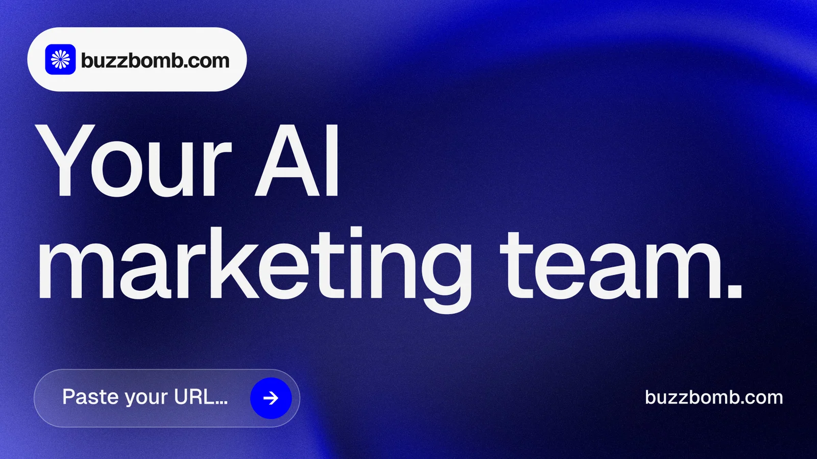Landscape graphic for BuzzBomb: "Your AI marketing team." Agentic glass style, poster layout, dark palette in blue.