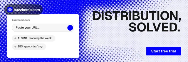 X header for BuzzBomb: "Distribution, solved." Swiss style, right layout, light palette in white, blue.