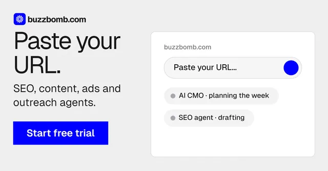 Social ad for BuzzBomb: "Paste your URL." Swiss style, skeleton layout, light palette in white, blue.