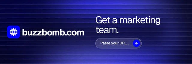 X header for BuzzBomb: "Get a marketing team." Agentic glass style, logo hero layout, dark palette in blue.