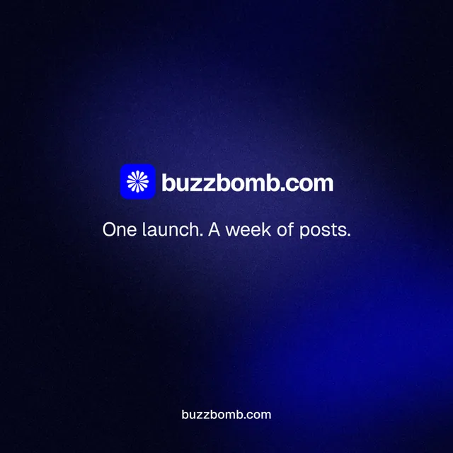 Instagram post for BuzzBomb: "One launch. A week of posts." Swiss style, end card layout, dark palette in black, blue.
