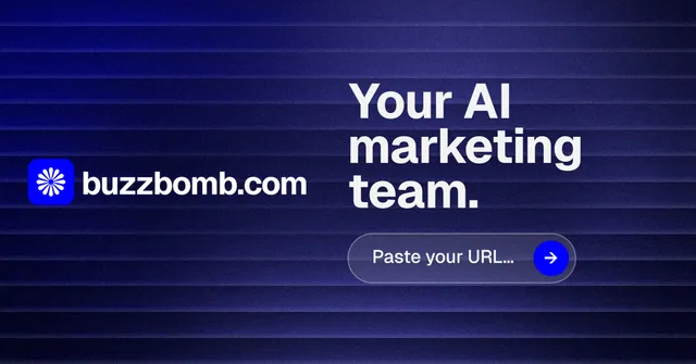 Social ad for BuzzBomb: "Your AI marketing team." Agentic glass style, logo hero layout, dark palette in blue, grey.