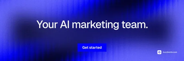X header for BuzzBomb: "Your AI marketing team." Swiss style, centred layout, dark palette in blue.