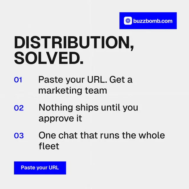 Instagram post for BuzzBomb: "Distribution, solved." Swiss style, numbered layout, light palette in white, blue.