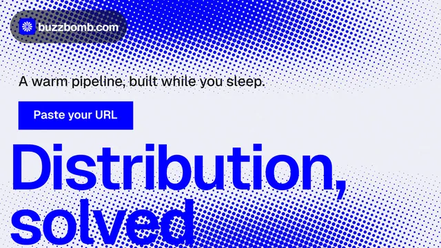 Landscape graphic for BuzzBomb: "Distribution, solved." Swiss style, oversized layout, light palette in blue, white.