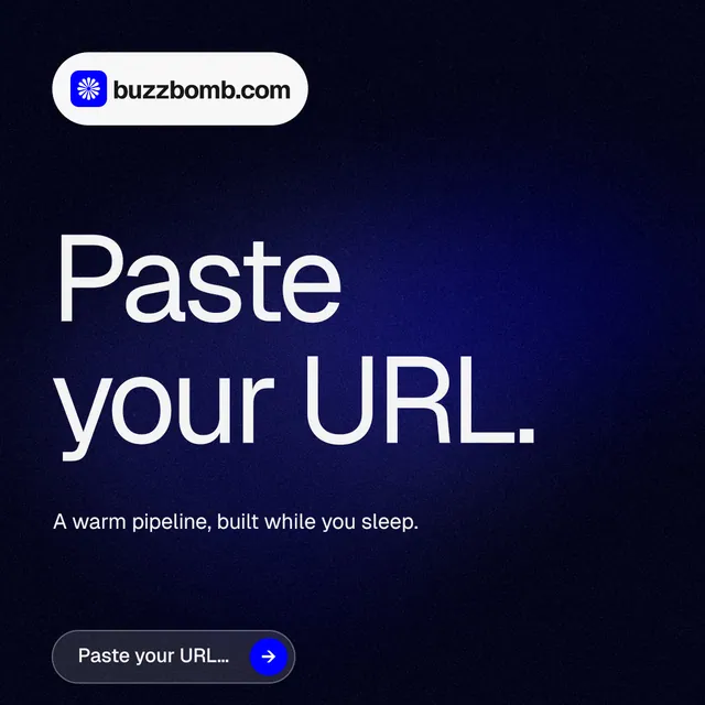 Instagram post for BuzzBomb: "Paste your URL." Agentic glass style, announce layout, dark palette in black, blue, grey.