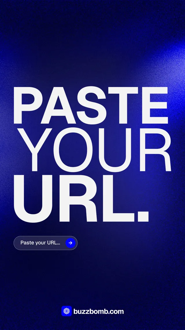 Instagram story for BuzzBomb: "Paste your URL." Agentic glass style, stacked layout, dark palette in blue.