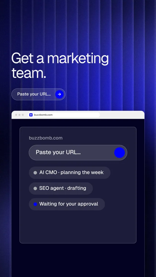 Instagram story for BuzzBomb: "Get a marketing team." Agentic glass style, browser layout, dark palette in blue, black.