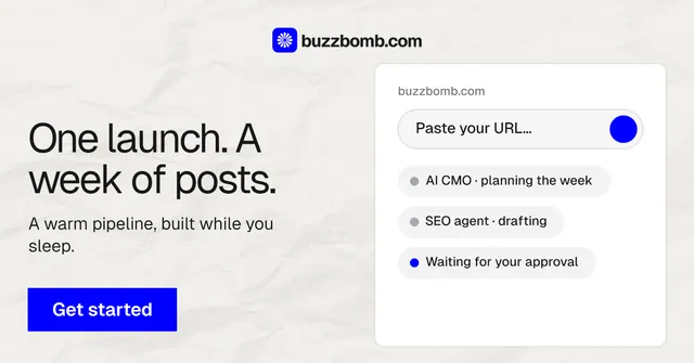 Social ad for BuzzBomb: "One launch. A week of posts." Swiss style, bottom layout, light palette in white, blue.