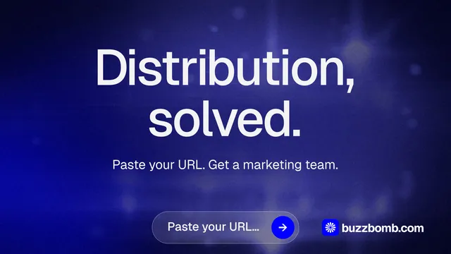Landscape graphic for BuzzBomb: "Distribution, solved." Agentic glass style, centred layout, dark palette in blue.