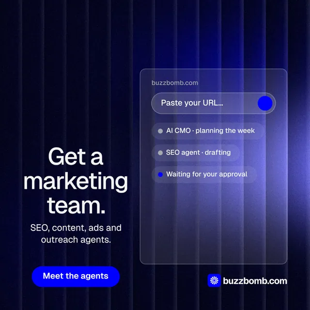 Instagram post for BuzzBomb: "Get a marketing team." Agentic glass style, skeleton layout, dark palette in black, blue.
