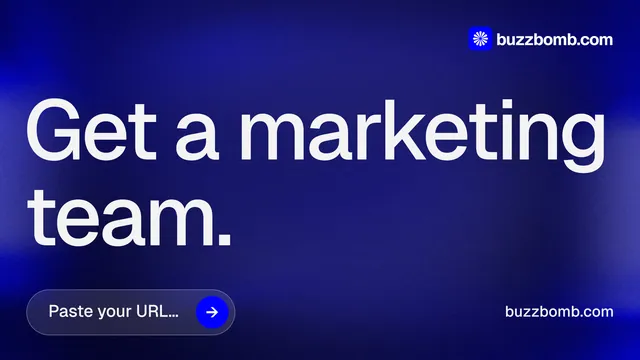 Landscape graphic for BuzzBomb: "Get a marketing team." Agentic glass style, poster layout, dark palette in blue.