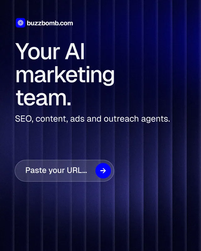 Instagram portrait post for BuzzBomb: "Your AI marketing team." Agentic glass style, skeleton layout, dark palette in black, blue, grey.