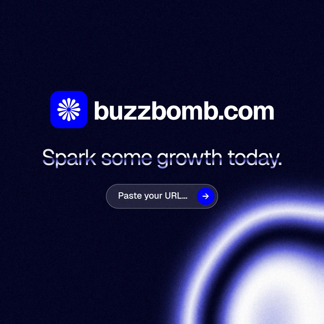 Instagram post for BuzzBomb: "Spark some growth today." Agentic glass style, logo hero layout, dark palette in black, blue.