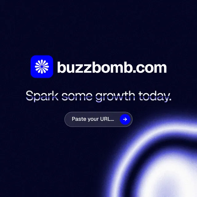 Instagram post for BuzzBomb: "Spark some growth today." Agentic glass style, logo hero layout, dark palette in black, blue.