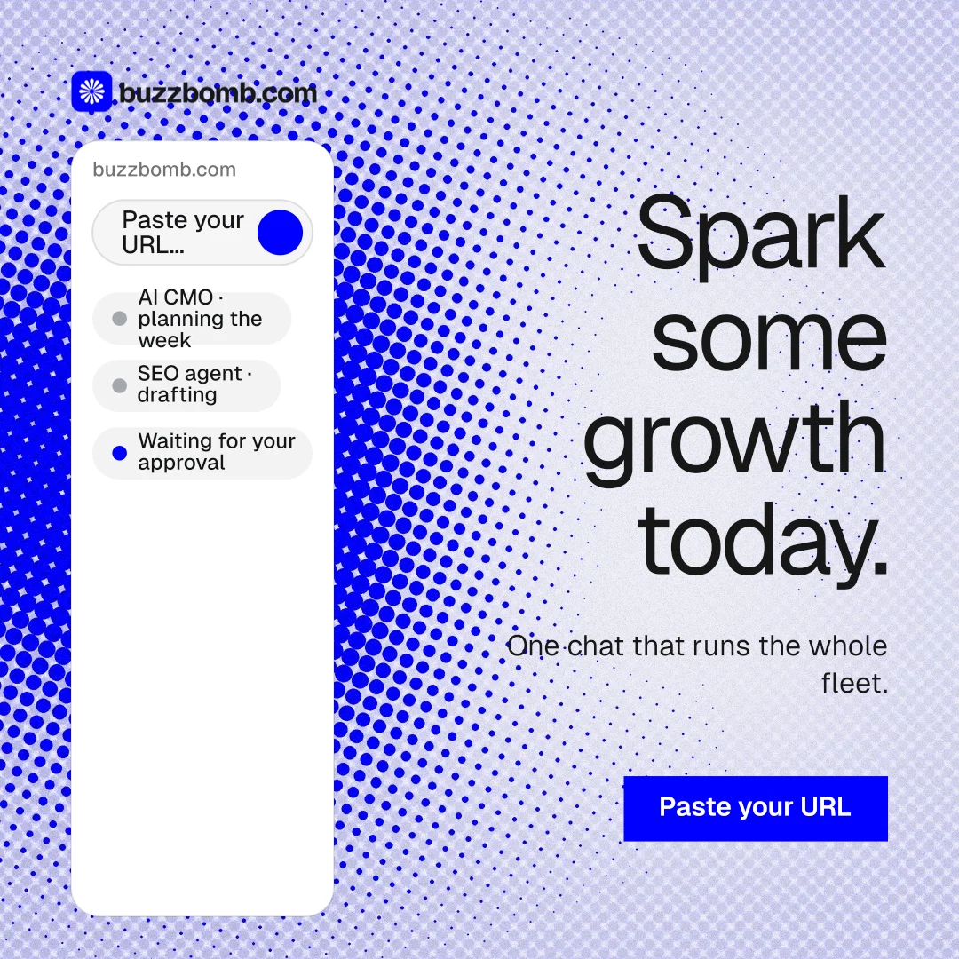 Instagram post for BuzzBomb: "Spark some growth today." Split block style, right layout, light palette in blue, white.