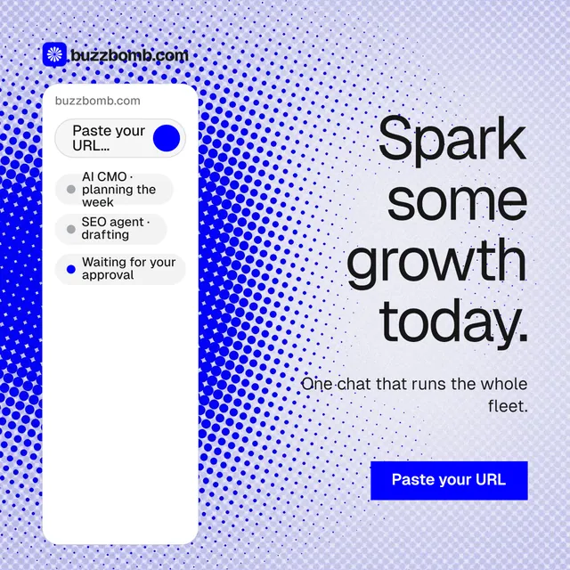 Instagram post for BuzzBomb: "Spark some growth today." Split block style, right layout, light palette in blue, white.