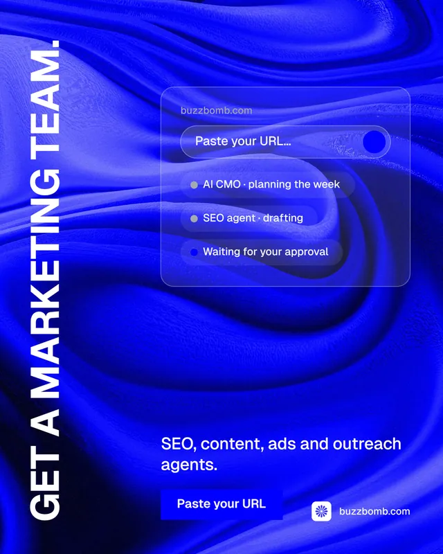 Instagram portrait post for BuzzBomb: "Get a marketing team." Swiss style, vertical layout, dark palette in blue.