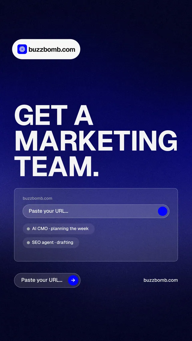 Instagram story for BuzzBomb: "Get a marketing team." Agentic glass style, poster layout, dark palette in black, blue.