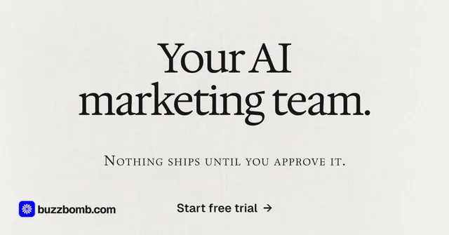 Social ad for BuzzBomb: "Your AI marketing team." Swiss style, smallcaps layout, light palette in white, grey.