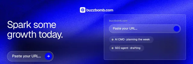 X header for BuzzBomb: "Spark some growth today." Agentic glass style, bottom layout, dark palette in blue.