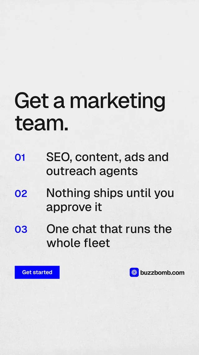 Instagram story for BuzzBomb: "Get a marketing team." Swiss style, numbered layout, light palette in white, grey.
