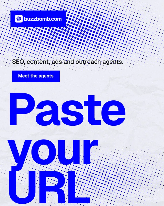 Instagram portrait post for BuzzBomb: "Get a marketing team." Split block style, oversized layout, light palette in blue, white.