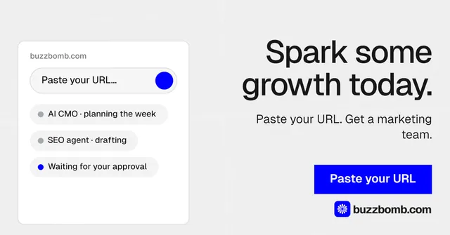 Social ad for BuzzBomb: "Spark some growth today." Swiss style, right layout, light palette in white, blue.