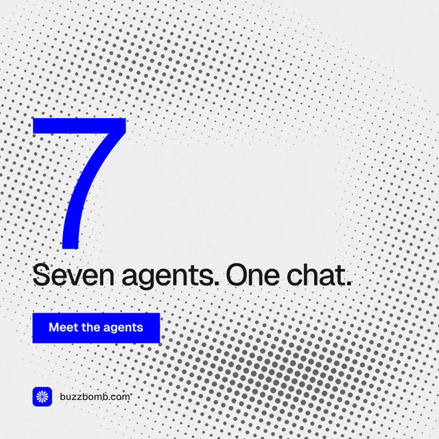 Instagram post for BuzzBomb: "One launch. A week of posts." Swiss style, stat layout, light palette in white, blue.
