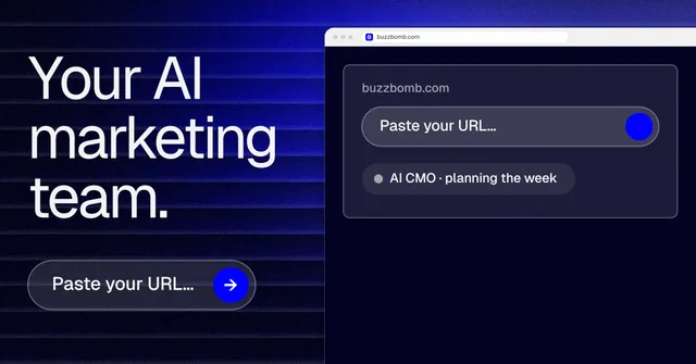 Social ad for BuzzBomb: "Your AI marketing team." Agentic glass style, browser layout, dark palette in black, blue, grey.