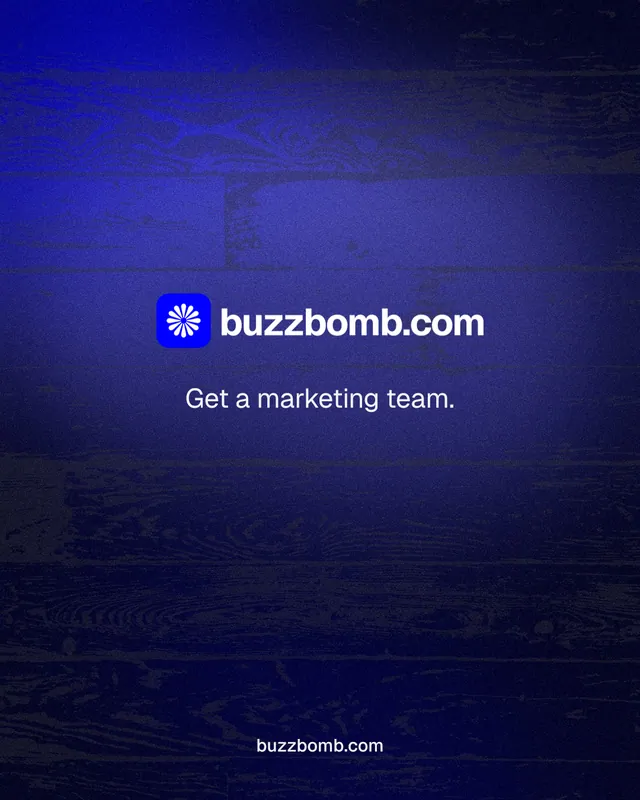Instagram portrait post for BuzzBomb: "Get a marketing team." Agentic glass style, end card layout, dark palette in black, blue.