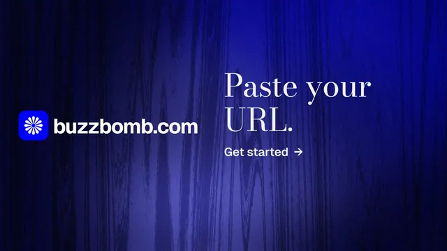 Landscape graphic for BuzzBomb: "Paste your URL." Minimal luxury style, logo hero layout, dark palette in black, blue.