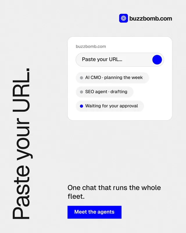 Instagram portrait post for BuzzBomb: "Paste your URL." Swiss style, vertical layout, light palette in white, blue.