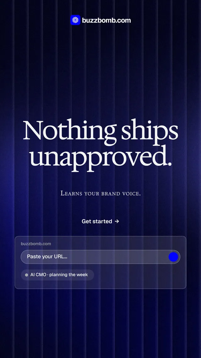 Instagram story for BuzzBomb: "Nothing ships unapproved." Agentic glass style, smallcaps layout, dark palette in black, blue, grey.