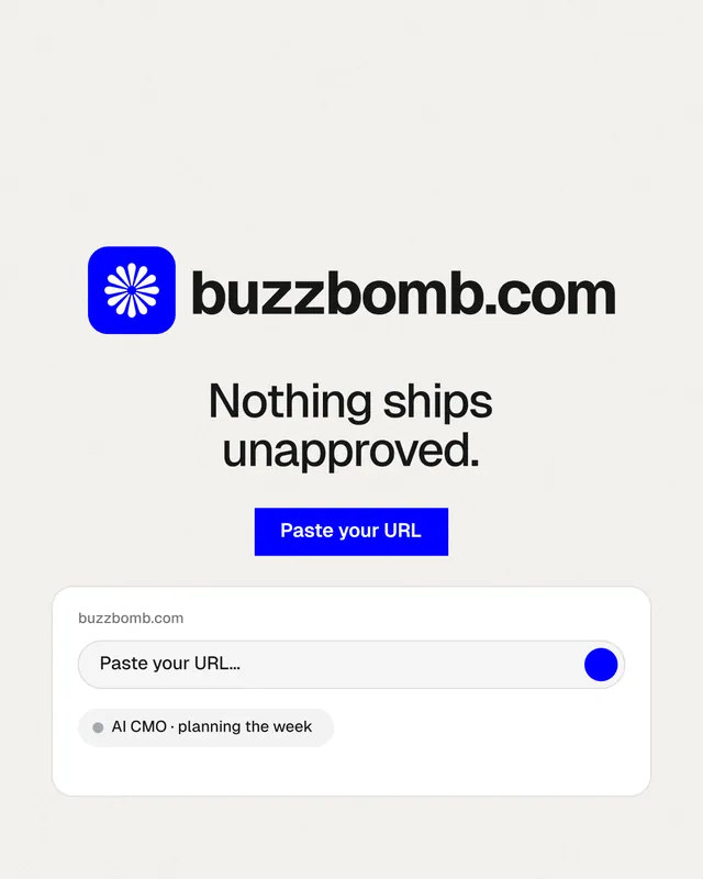 Instagram portrait post for BuzzBomb: "Nothing ships unapproved." Swiss style, logo hero layout, light palette in white, blue.