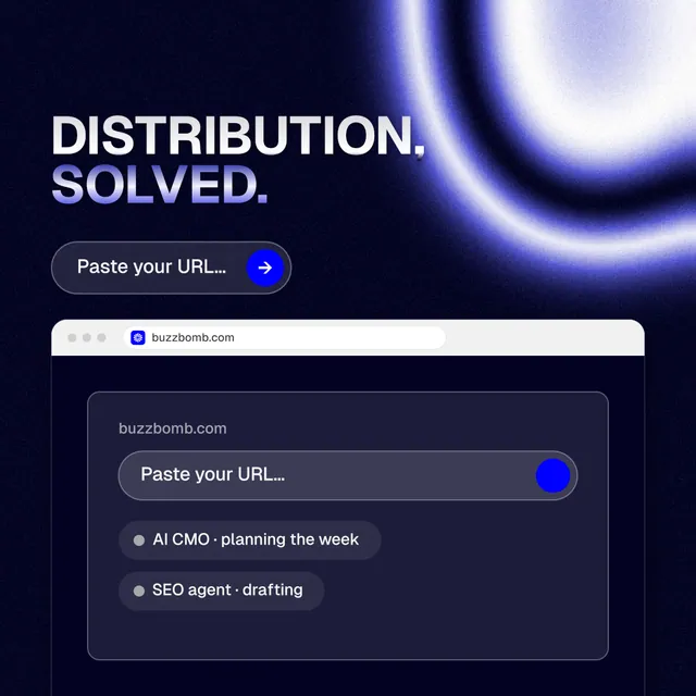 Instagram post for BuzzBomb: "Distribution, solved." Agentic glass style, browser layout, dark palette in blue, black, grey.