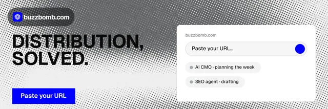 X header for BuzzBomb: "Distribution, solved." Swiss style, bottom layout, light palette in grey, white.