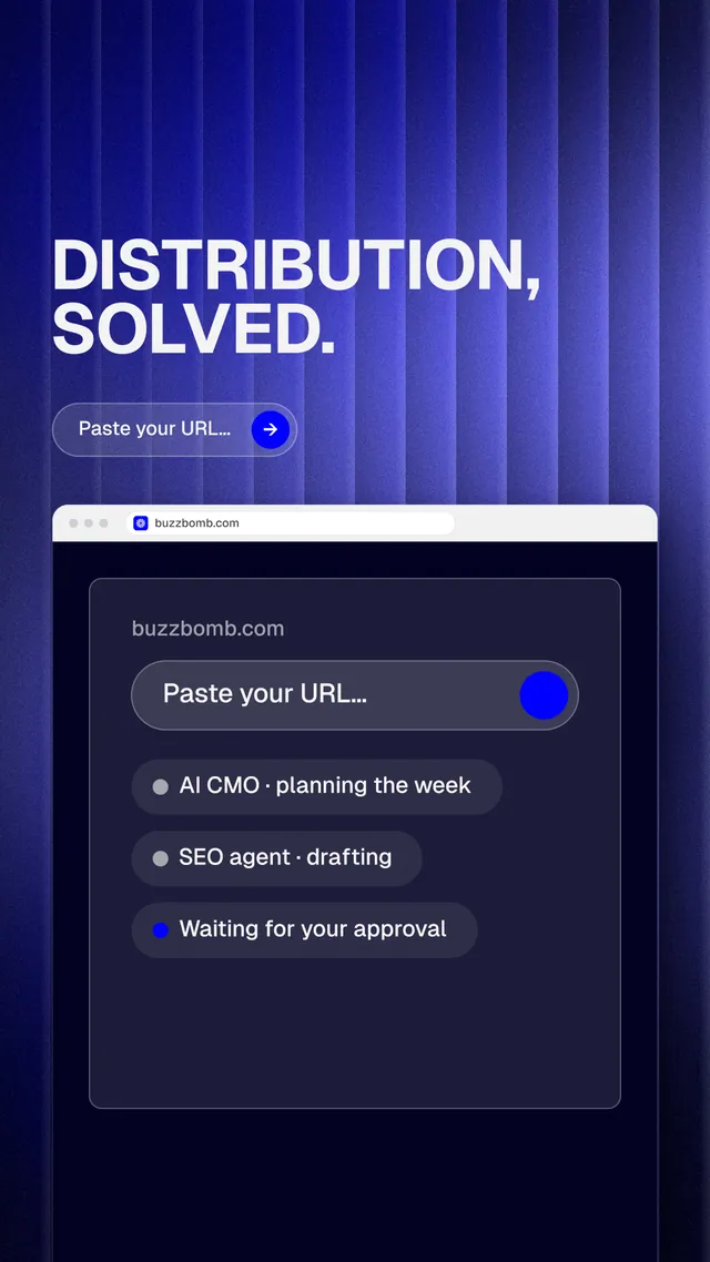 Instagram story for BuzzBomb: "Distribution, solved." Agentic glass style, browser layout, dark palette in blue, black.