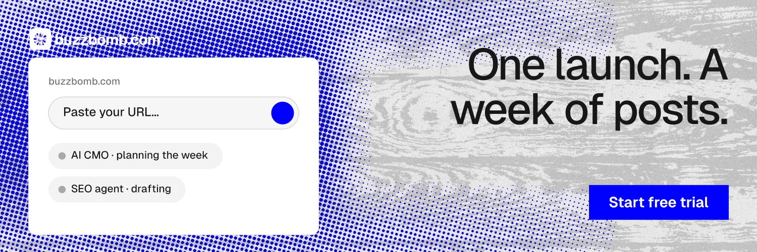 X header for BuzzBomb: "One launch. A week of posts." Swiss style, right layout, light palette in white, blue, grey.