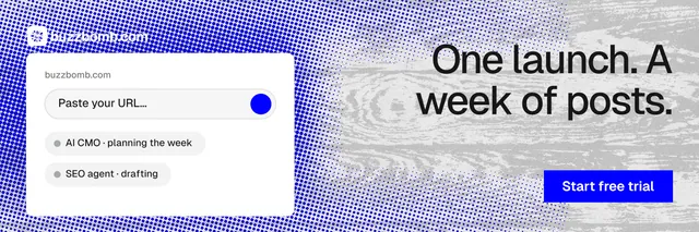 X header for BuzzBomb: "One launch. A week of posts." Swiss style, right layout, light palette in white, blue, grey.