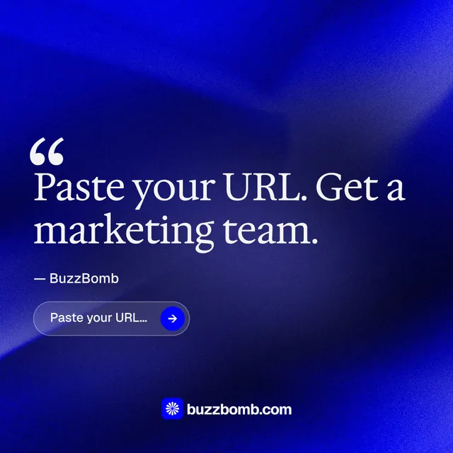 Instagram post for BuzzBomb: "Distribution, solved." Agentic glass style, quote layout, dark palette in blue.