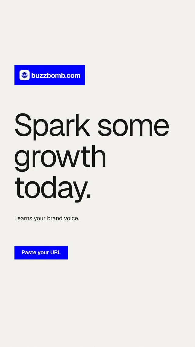 Instagram story for BuzzBomb: "Spark some growth today." Swiss style, announce layout, light palette in white, blue.