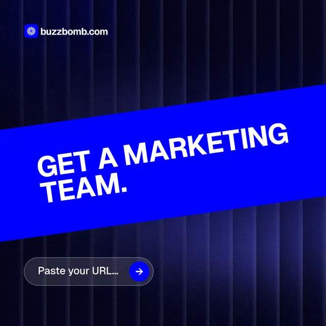 Instagram post for BuzzBomb: "Get a marketing team." Agentic glass style, diagonal layout, dark palette in black, blue.