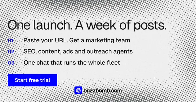 Social ad for BuzzBomb: "One launch. A week of posts." Split block style, numbered layout, light palette in grey, white.