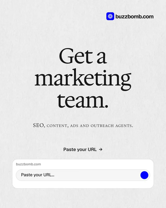 Instagram portrait post for BuzzBomb: "Get a marketing team." Swiss style, smallcaps layout, light palette in white, grey.