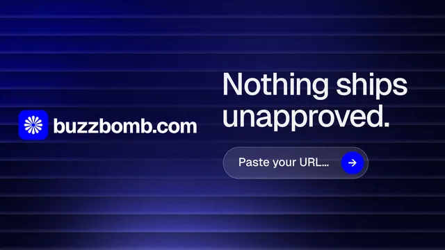 Landscape graphic for BuzzBomb: "Nothing ships unapproved." Agentic glass style, logo hero layout, dark palette in blue, black.